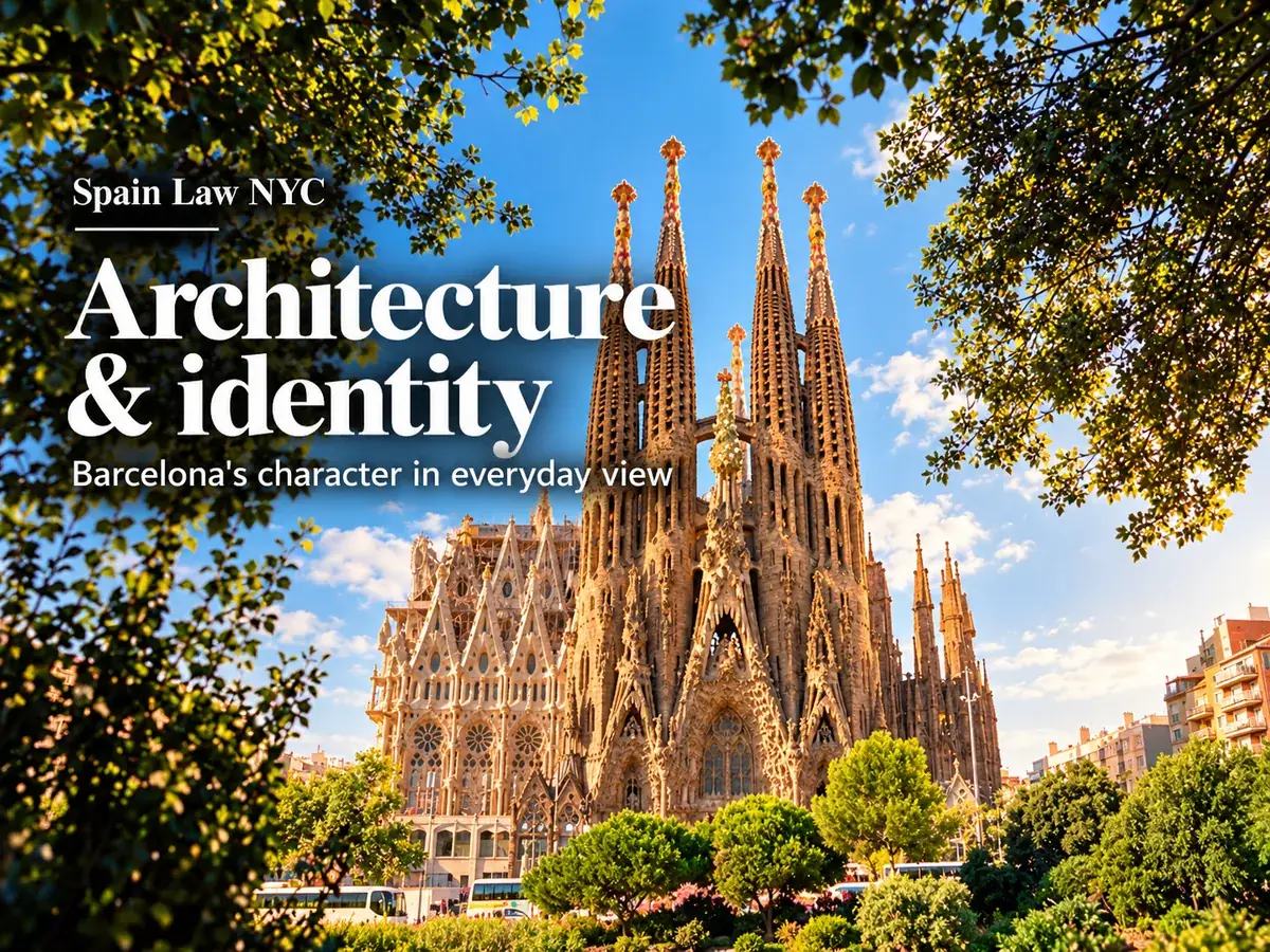 Sagrada Família framed by trees with a Spain Law NYC editorial overlay about Barcelona architecture and identity.