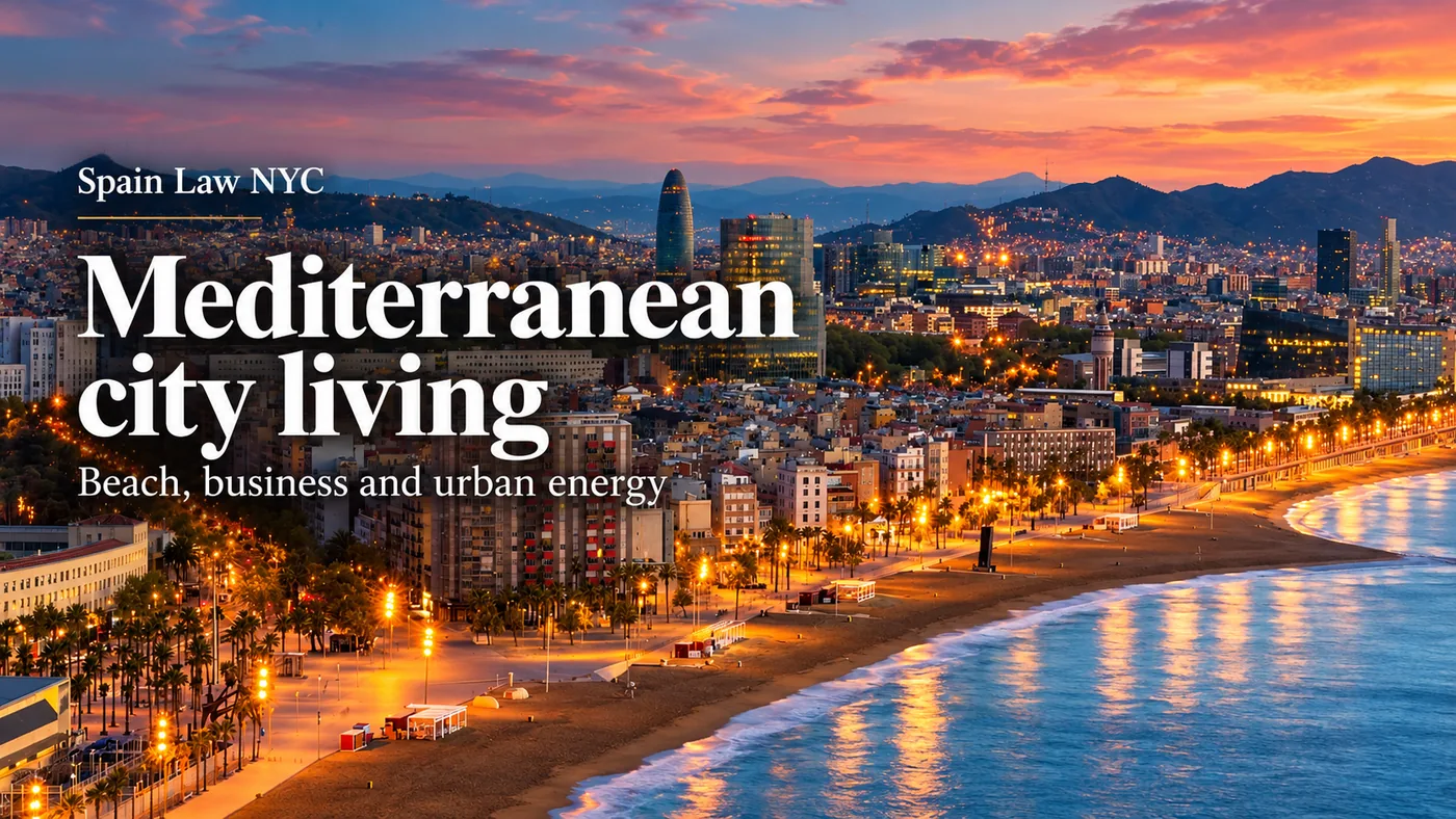 Barcelona's Mediterranean coastline and beachfront at dusk with Spain Law NYC editorial branding.