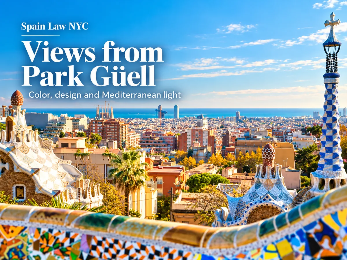 View over Barcelona from Park Güell with Gaudí mosaic architecture, city skyline and Spain Law NYC editorial branding.