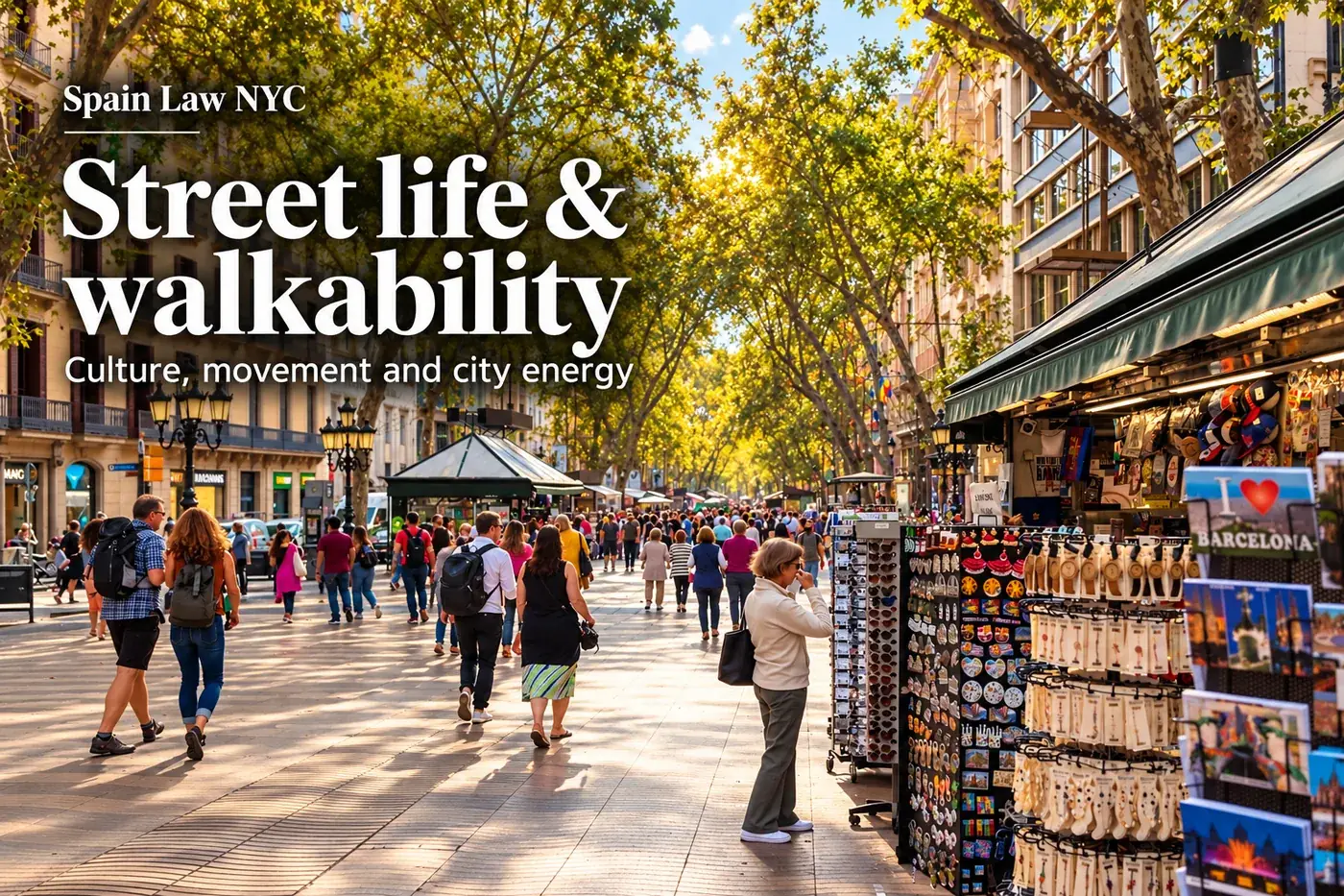 Pedestrians and souvenir stands along La Rambla with a Spain Law NYC editorial overlay about street life and walkability.