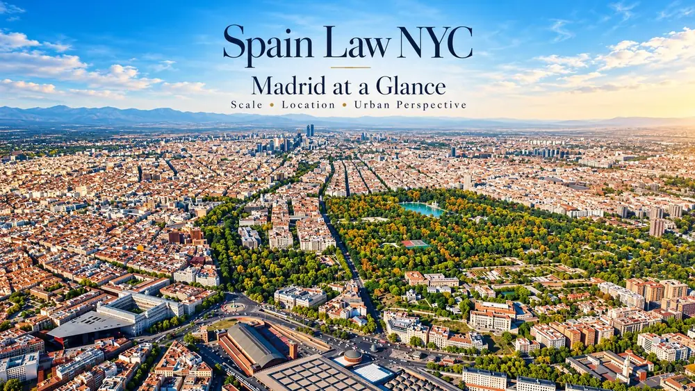 Spain Law NYC Madrid at a Glance graphic over an aerial view of central Madrid and Retiro Park.