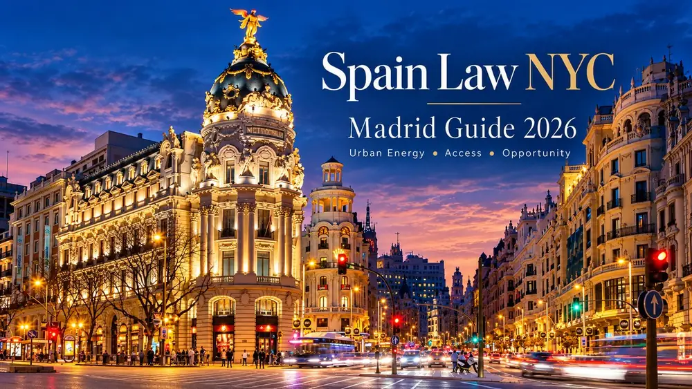 Spain Law NYC Madrid Guide 2026 graphic over Gran Vía and the Metropolis building at blue hour.