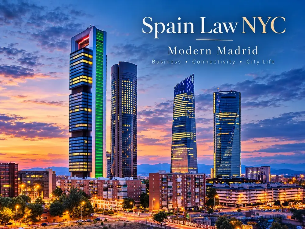 Spain Law NYC Modern Madrid graphic over the Cuatro Torres business district skyline at dusk.