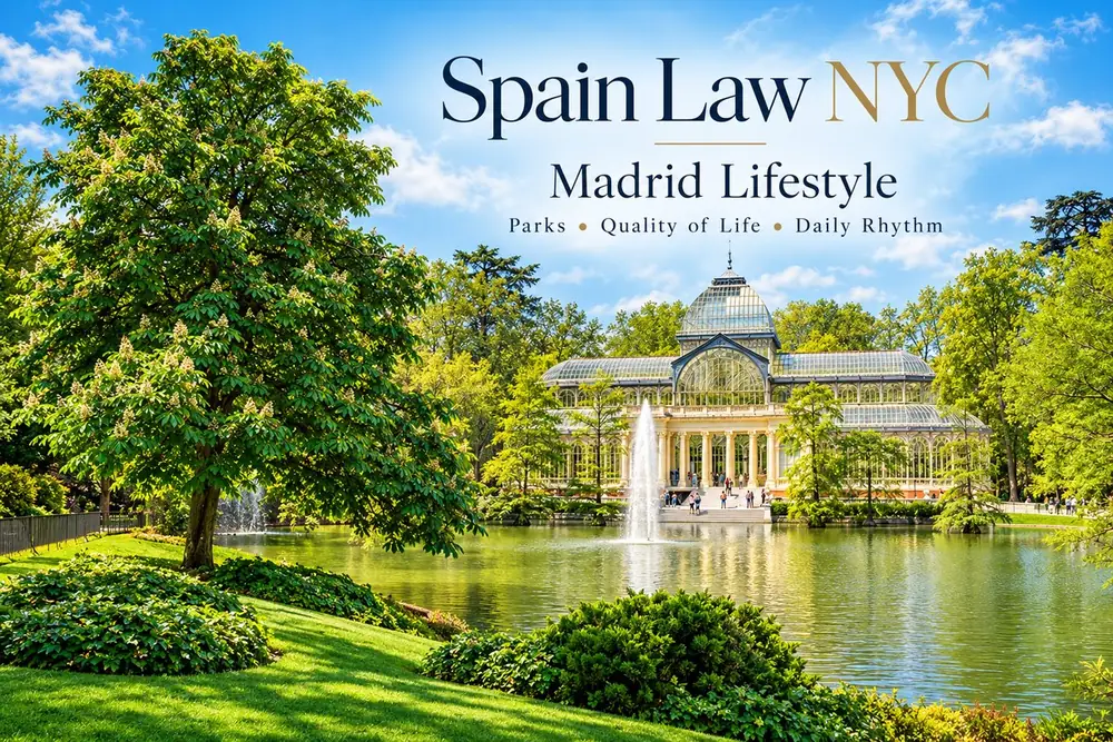 Spain Law NYC Madrid Lifestyle graphic over the Crystal Palace and lake in Retiro Park.