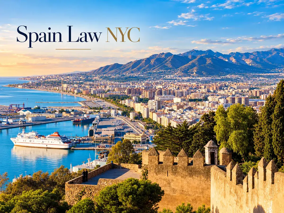 Editorial view over Málaga's port, city and mountains from the Alcazaba area with Spain Law NYC branding.