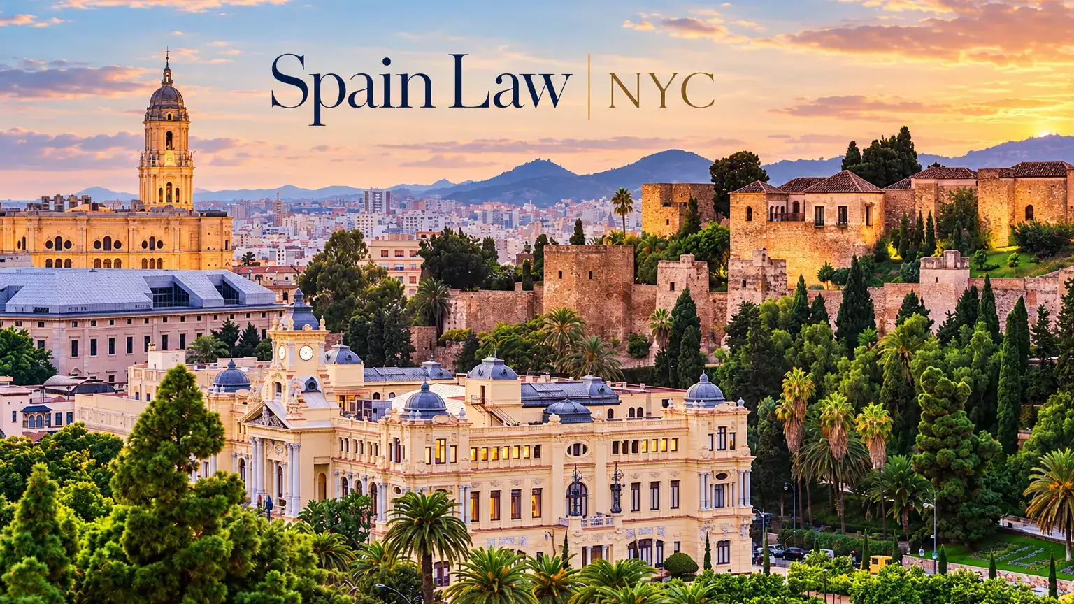 Panoramic Málaga cityscape with the cathedral, historic center and Alcazaba, branded Spain Law NYC.