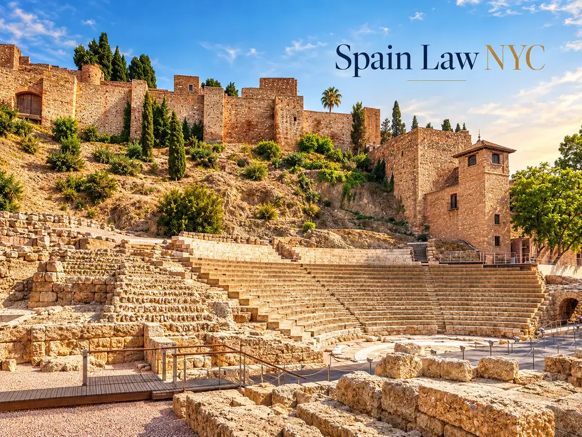 Málaga Roman Theatre beneath historic fortress walls with Spain Law NYC branding.