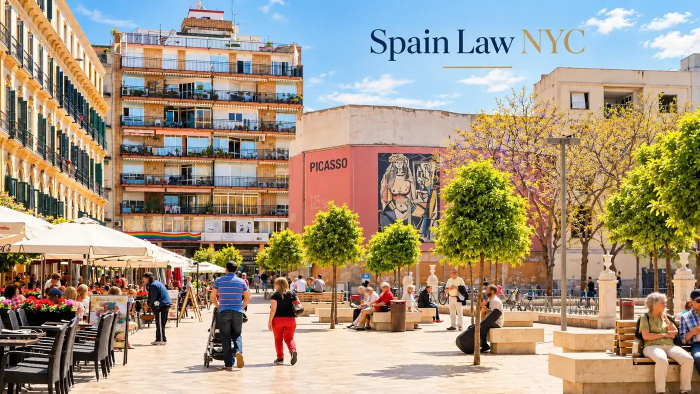 Sunny Málaga street and plaza life with cafés, pedestrians and Spain Law NYC branding.