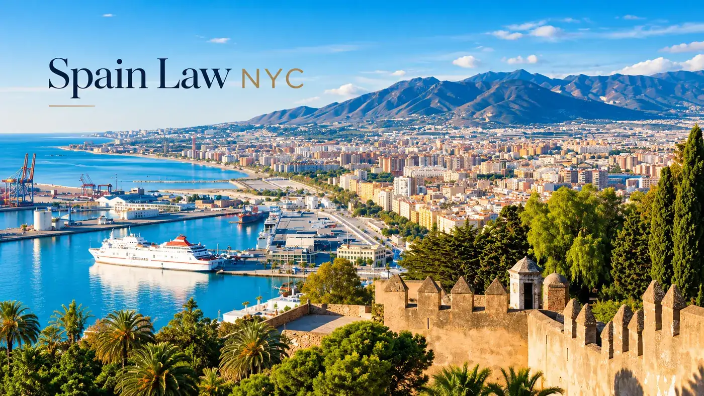Málaga waterfront, harbor and palm-lined urban coast with Spain Law NYC branding.