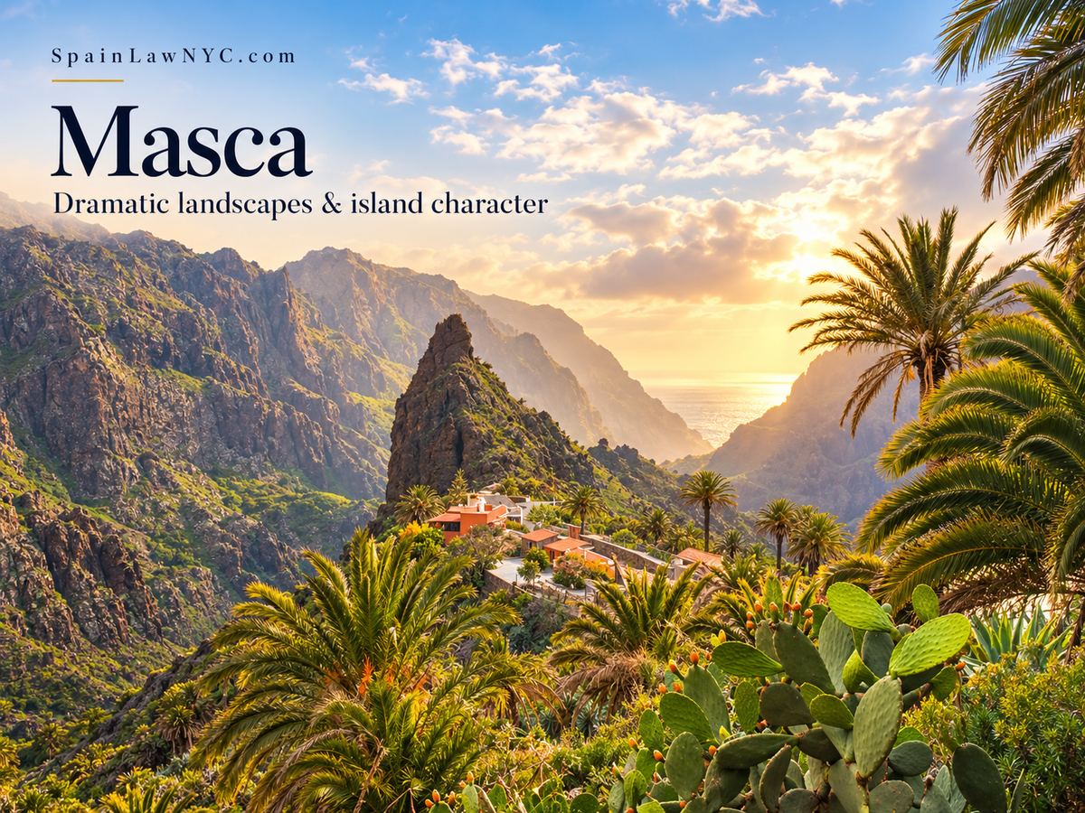 Masca valley in Tenerife with steep volcanic cliffs, palms, cactus and hillside homes.