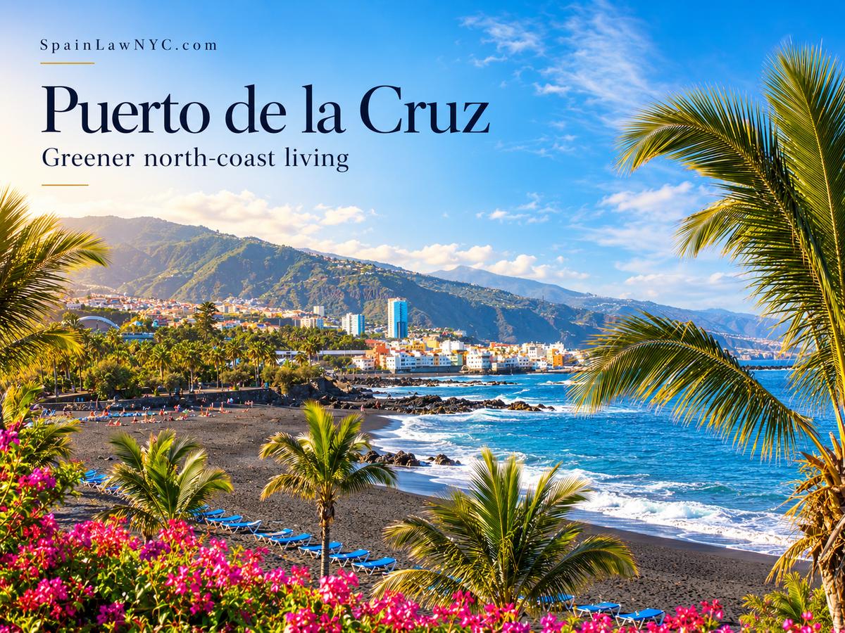 Puerto de la Cruz coastline with black-sand beach, palms and the green northern slopes of Tenerife.