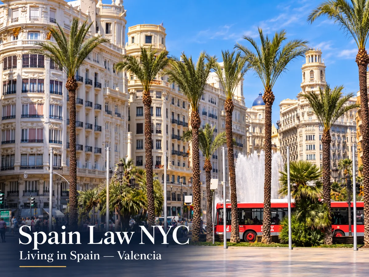 AI-assisted editorial view of a palm-lined Valencia plaza and residential architecture with Spain Law NYC branding.