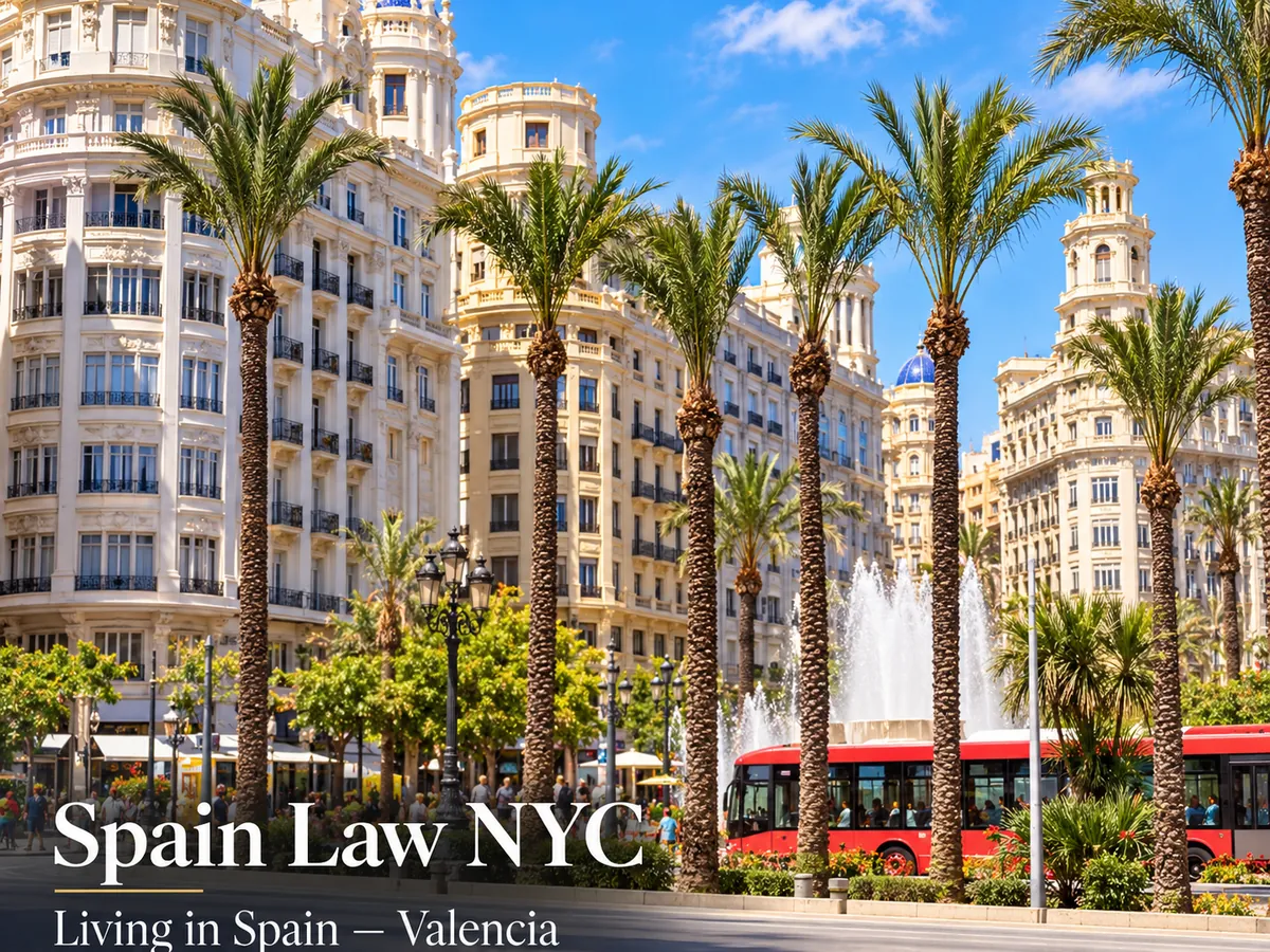AI-assisted editorial Valencia streetscape with palms, urban architecture and public transport, branded for Spain Law NYC.